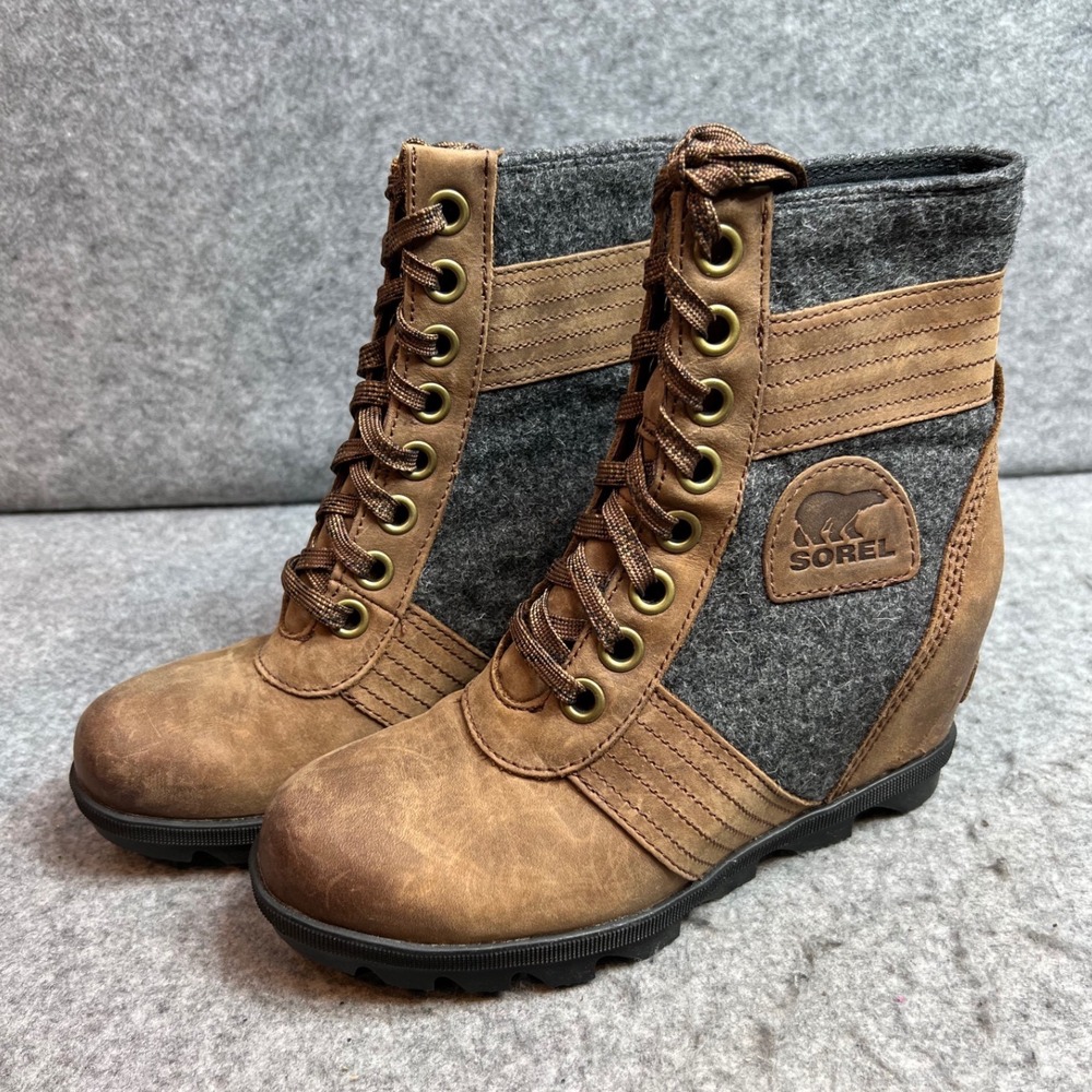 Sorel Joan of Arctic Wedge II Brown Leather Grey Felt Lace Up Boots Womens 6.5
